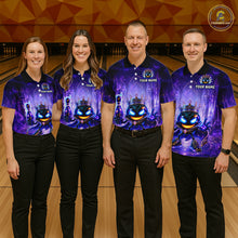 Load image into Gallery viewer, Four people wearing matching purple bowling shirts with a logo on a bowling alley background.