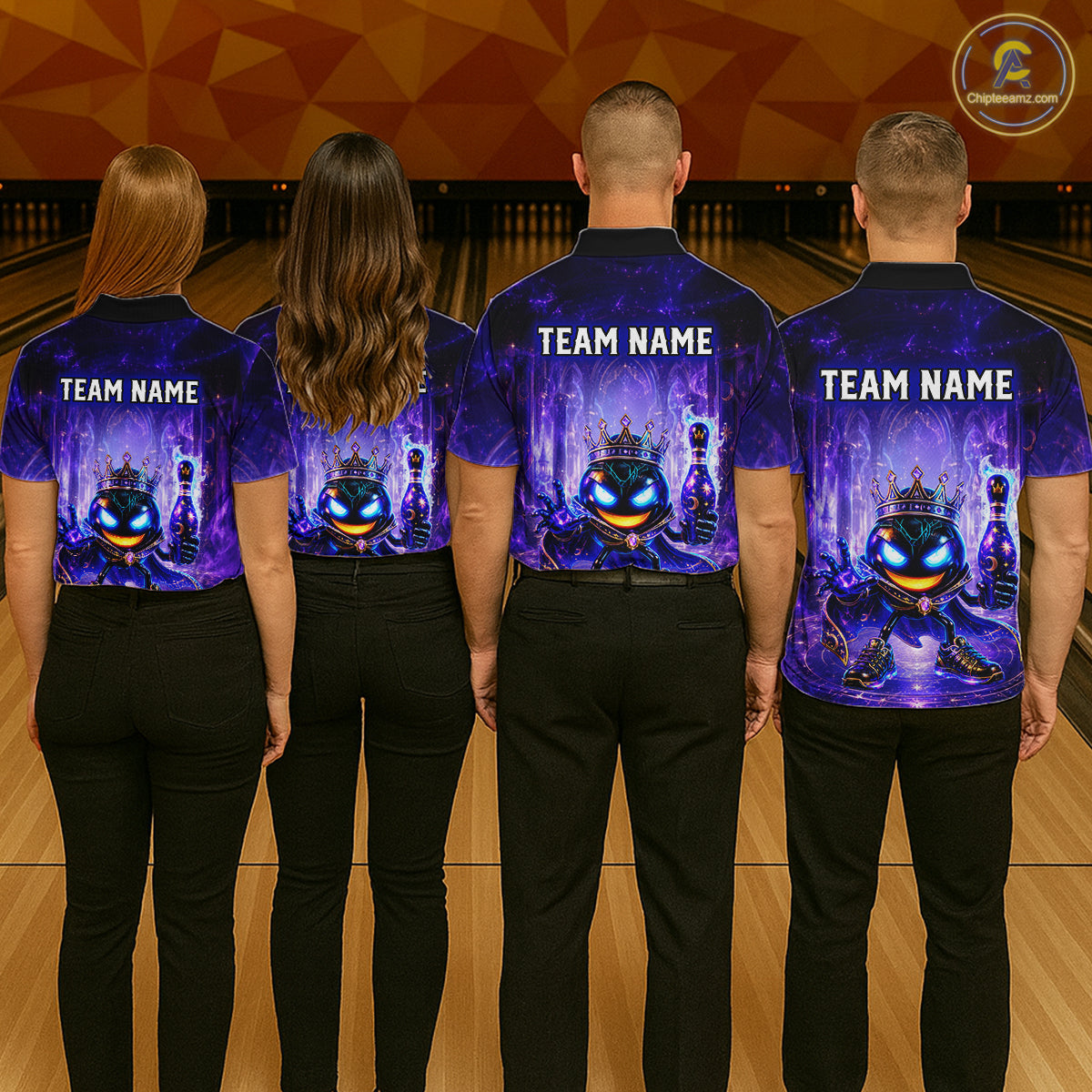 Four people wearing matching blue bowling shirts with a team name on a bowling alley.