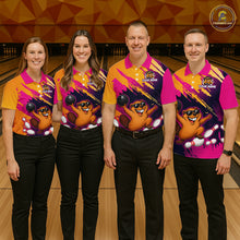 Load image into Gallery viewer, Four people wearing matching colorful bowling shirts with a cartoon character on a bowling alley background.