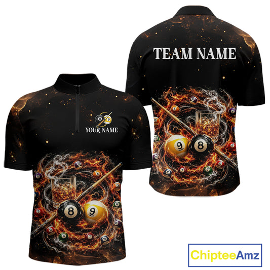 Black quarter-zip jersey with pool ball design on front and back, featuring 'TEAM NAME' and 'Your Name' text.