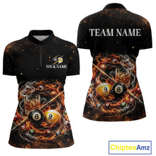 Load image into Gallery viewer, Black polo shirt with fiery design and customizable text on a white background
