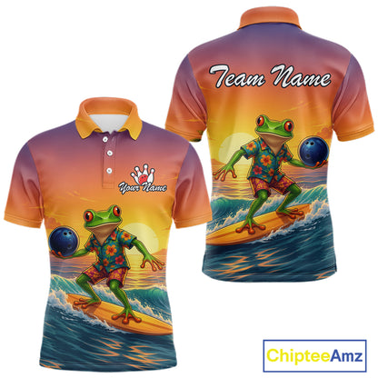 Front and back views of a short-sleeve polo shirt with a colorful frog surfing graphic on a sunset background. The shirt has a purple-to-orange gradient collar and sleeves, with customizable text areas reading 'Team Name' on the back and 'Your Name' 