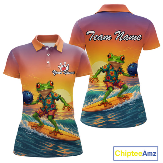 Custom short-sleeve polo shirt shown from the front and back, featuring a colorful graphic of a green frog surfing on a beach at sunset with bowling balls and the text 'Team Name' and 'Your Name'.