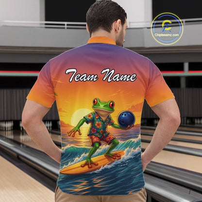A man viewed from behind wearing a custom bowling shirt with a colorful frog surfing graphic and 'Team Name' text on the back, set against a bowling alley background.