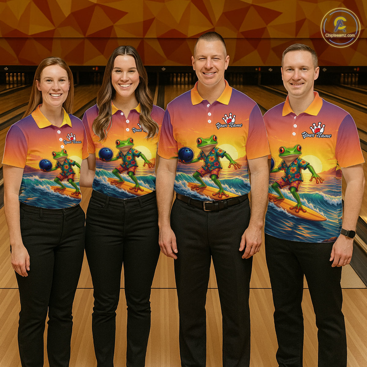 Four people standing in a bowling alley wearing matching colorful bowling-themed polo shirts with a frog surfing graphic, paired with black pants. 