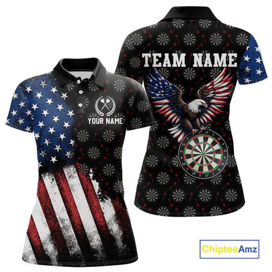 Front and back views of a custom black darts polo shirt for women, featuring a grunge American flag pattern, a majestic eagle over a dartboard, and personalized text.