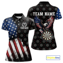 Load image into Gallery viewer, Front and back views of a custom black darts polo shirt for women, featuring a grunge American flag pattern, a majestic eagle over a dartboard, and personalized text.