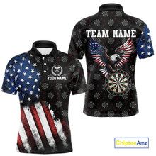 Load image into Gallery viewer, Front and back views of a custom black darts polo shirt, featuring a grunge American flag pattern, a majestic eagle over a dartboard, and personalized text.
