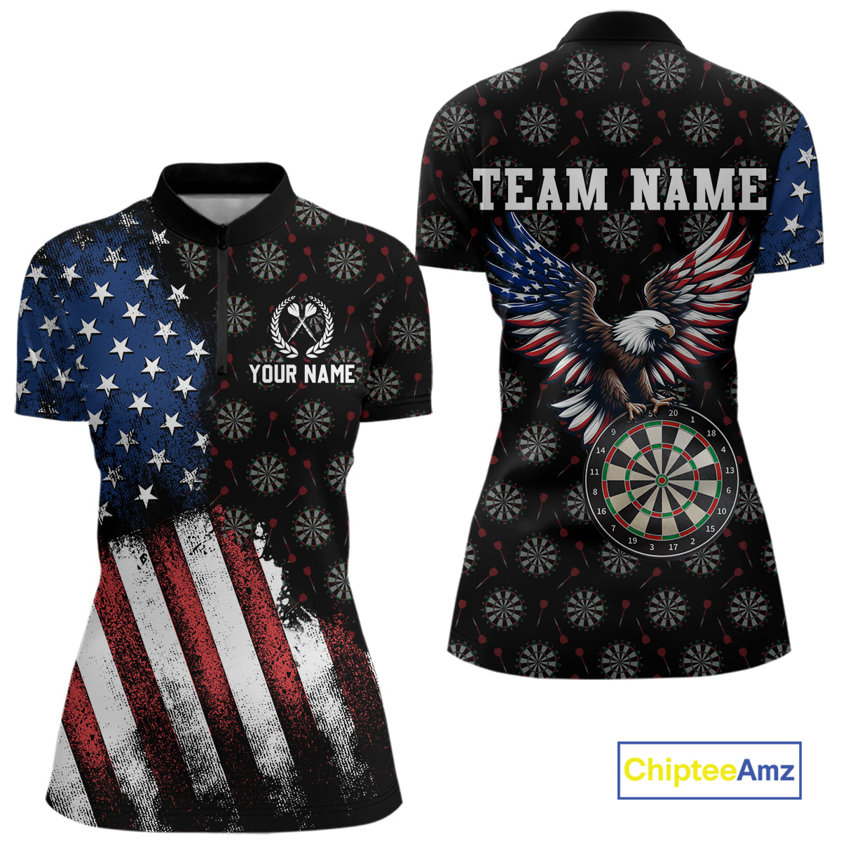 Front and back views of a custom quarter-zip darts shirt for women, highlighted by a distressed US flag, bald eagle dartboard graphic, and team name