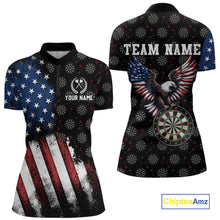 Load image into Gallery viewer, Front and back views of a custom quarter-zip darts shirt for women, highlighted by a distressed US flag, bald eagle dartboard graphic, and team name