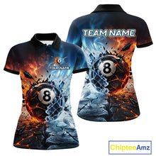 Load image into Gallery viewer, Two polo shirts with an 8-ball design and customizable text on a white background.