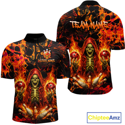 Custom Flame Skeleton Bowling Shirt for Men Bowling Jersey Polo & Quarter-Zip Bowling Outfit QZT1011