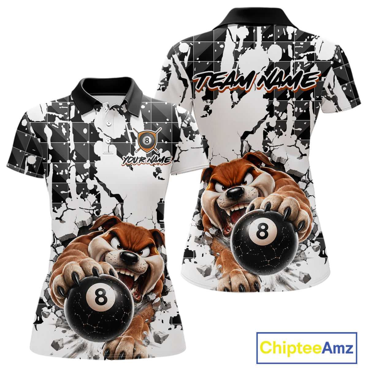 Polo shirt with cartoon dogs holding 8-ball designs on a white background