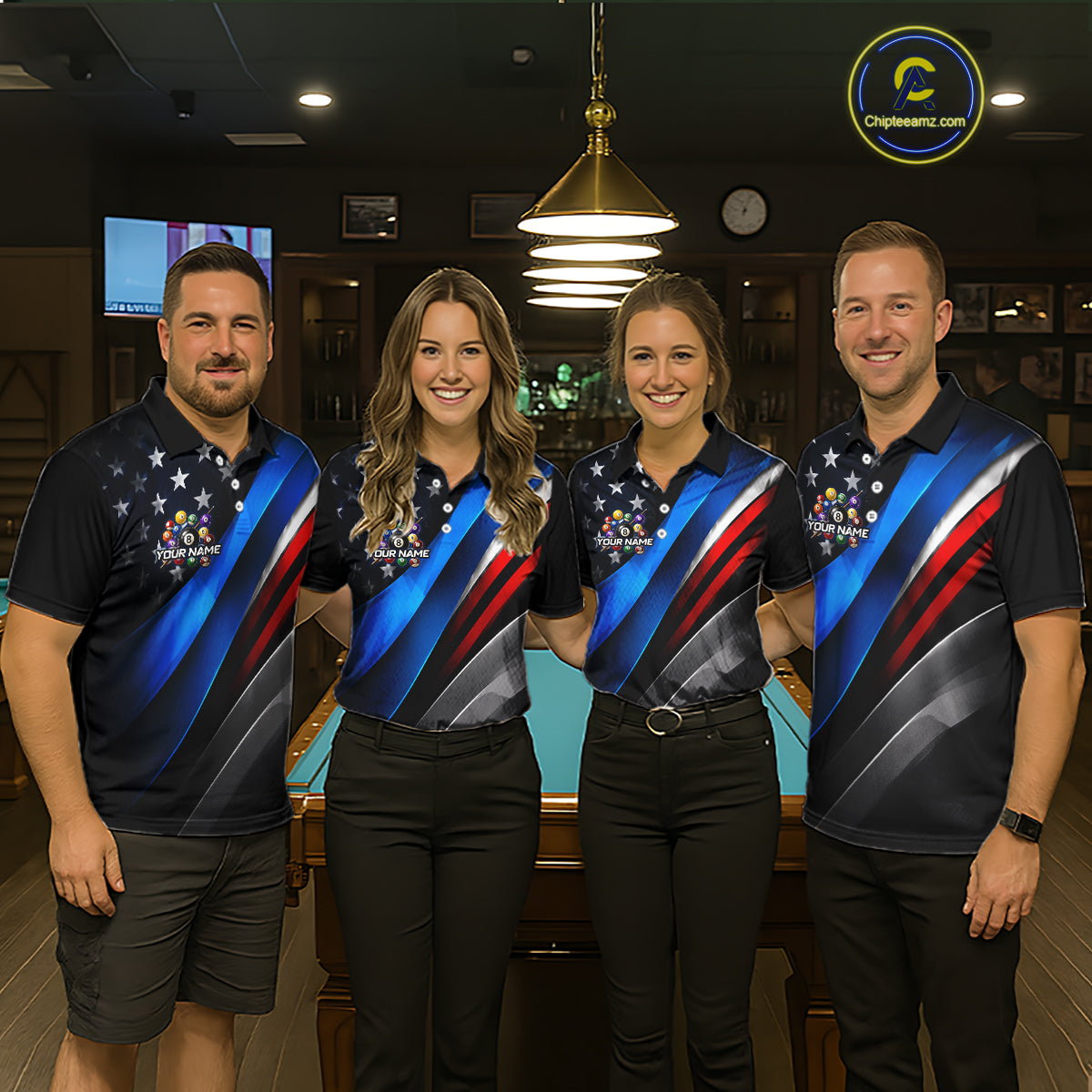 Four people standing together in a pool hall wearing matching dark polo shirts with diagonal blue, red, and gray stripes and a U.S.