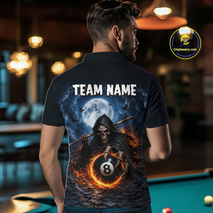 A man viewed from behind wearing a black short-sleeve polo shirt with a large graphic print of a grim reaper holding an 8-ball under a full moon, with the text 'TEAM NAME' across the upper back.