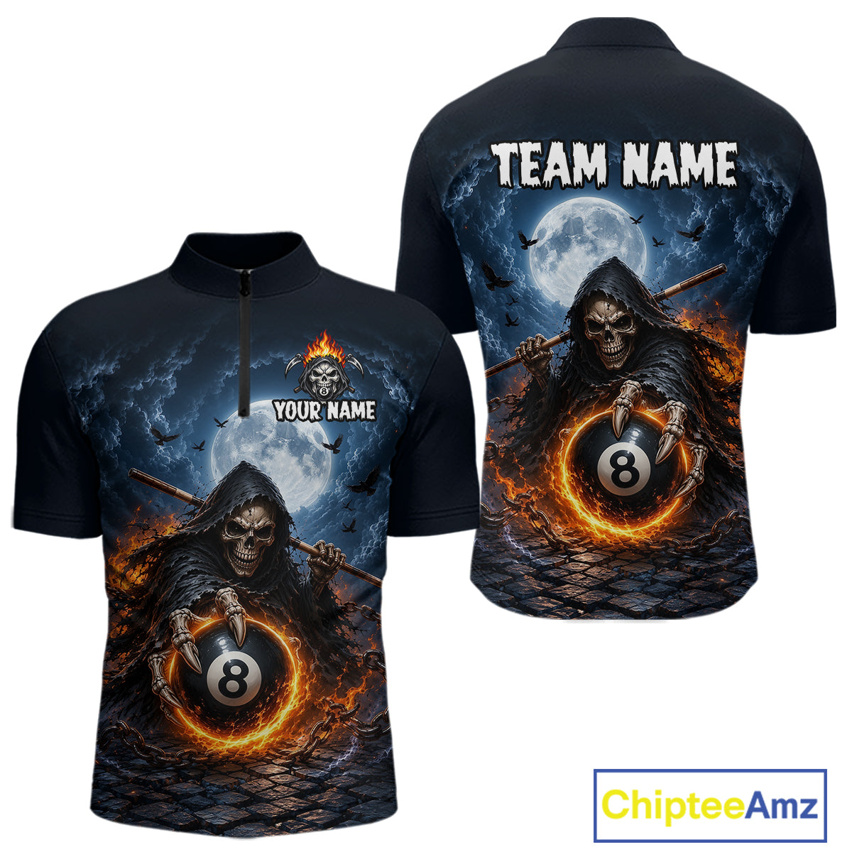 A black short-sleeve quarter-zip shirt shown from the front and back, featuring a large graphic print of a grim reaper holding an 8-ball with flames, a full moon, bats, and the text 'TEAM NAME' and 'YOUR NAME'. 