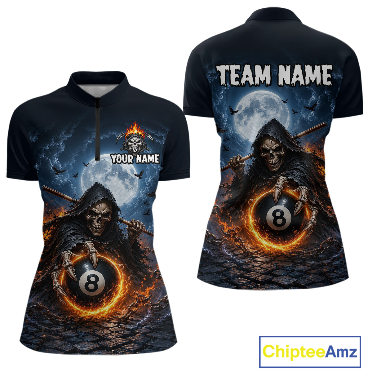 Front and back views of a women's short-sleeve quarter-zip shirt featuring a dark gothic grim reaper design with a skull, 8-ball pool cue, flames, and a full moon. The front has a half-zip collar and customizable text 'YOUR NAME', while the back displays 'TEAM NAME' 