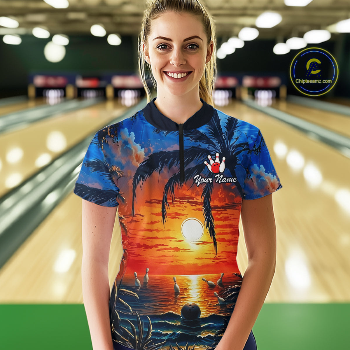 Custom Bowling Jersey Polo & 1/4 Zip Sunset Tropical Sublimated Bowling Shirt for Women QZT836