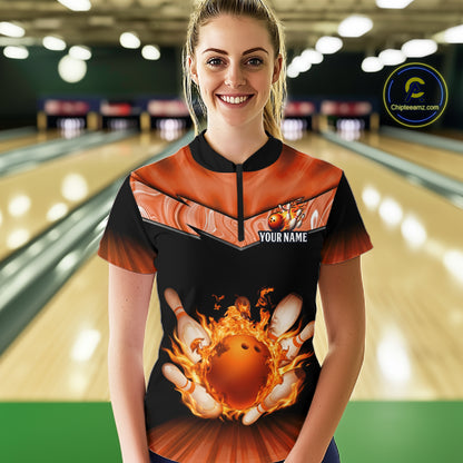 Orange Flame Bowling Team Shirt Customized Polo & Quarter-Zip Bowling Team Jersey for Women QZT838