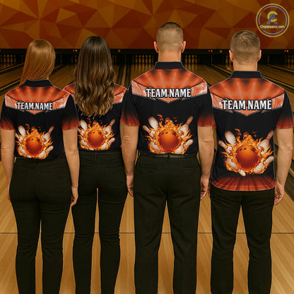 Orange Flame Bowling Team Shirt Customized Polo & Quarter-Zip Bowling Team Jersey for Men QZT838