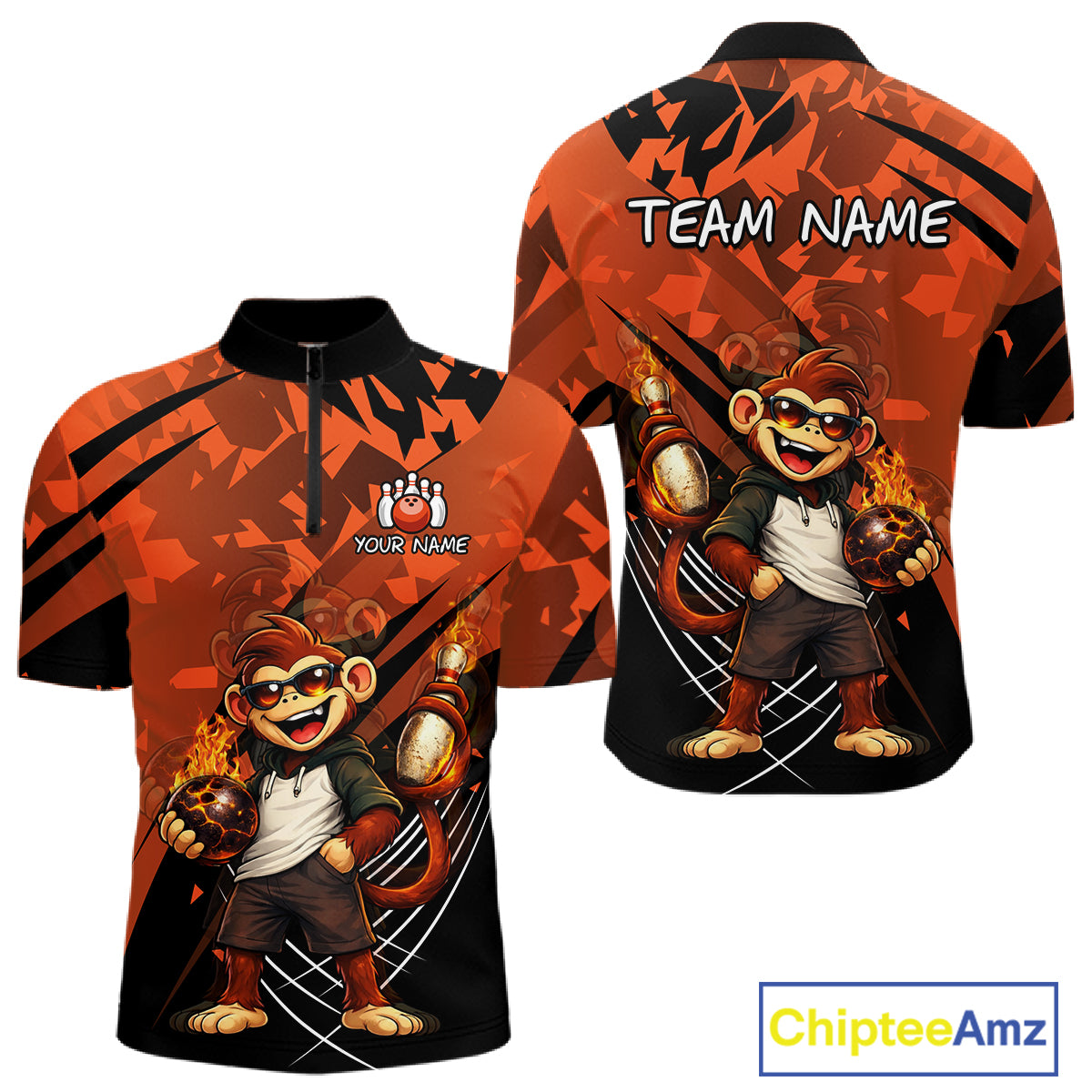 Custom short-sleeve athletic jersey shown from the front and back, featuring a bold orange and black graphic design with a cartoon monkey holding bowling balls, plus customizable text areas reading 'TEAM NAME' and 'YOUR NAME'.