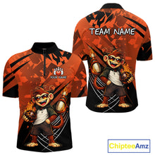 Load image into Gallery viewer, Custom short-sleeve athletic jersey shown from the front and back, featuring a bold orange and black graphic design with a cartoon monkey holding bowling balls, plus customizable text areas reading 'TEAM NAME' and 'YOUR NAME'.
