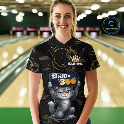 Custom Funny Cat Bowling Math Shirt Polo & 1/4-Zip Bowling League Jersey Bowling Outfit for Women QZT927