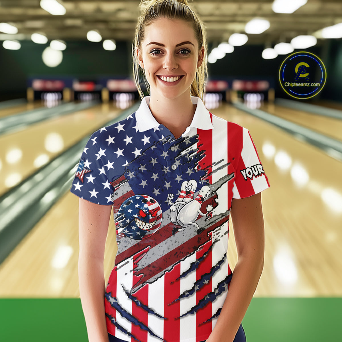 Custom American Flag Bowling Shirt Funny Blue Red White Bowling Jersey for Women Polo & Quarter-Zip QZT929