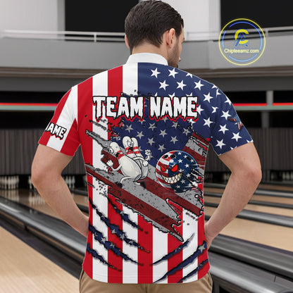 Custom American Flag Bowling Shirt Funny Blue Red White Bowling Jersey for Men Polo & Quarter-Zip QZT929