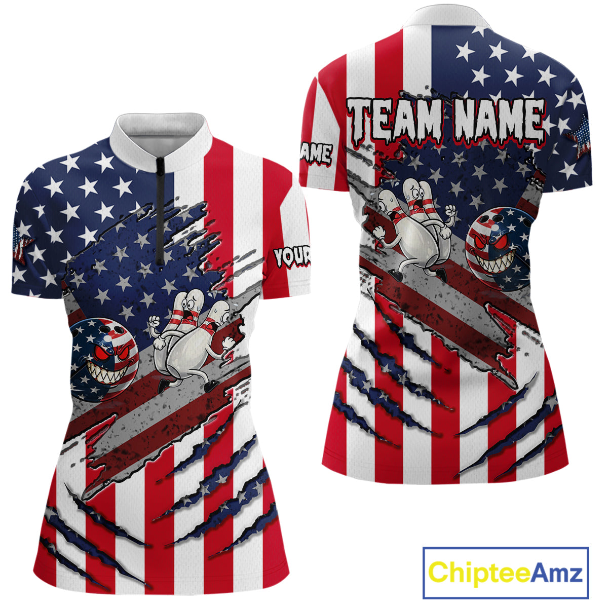 Custom American Flag Bowling Shirt Funny Blue Red White Bowling Jersey for Women Polo & Quarter-Zip QZT929