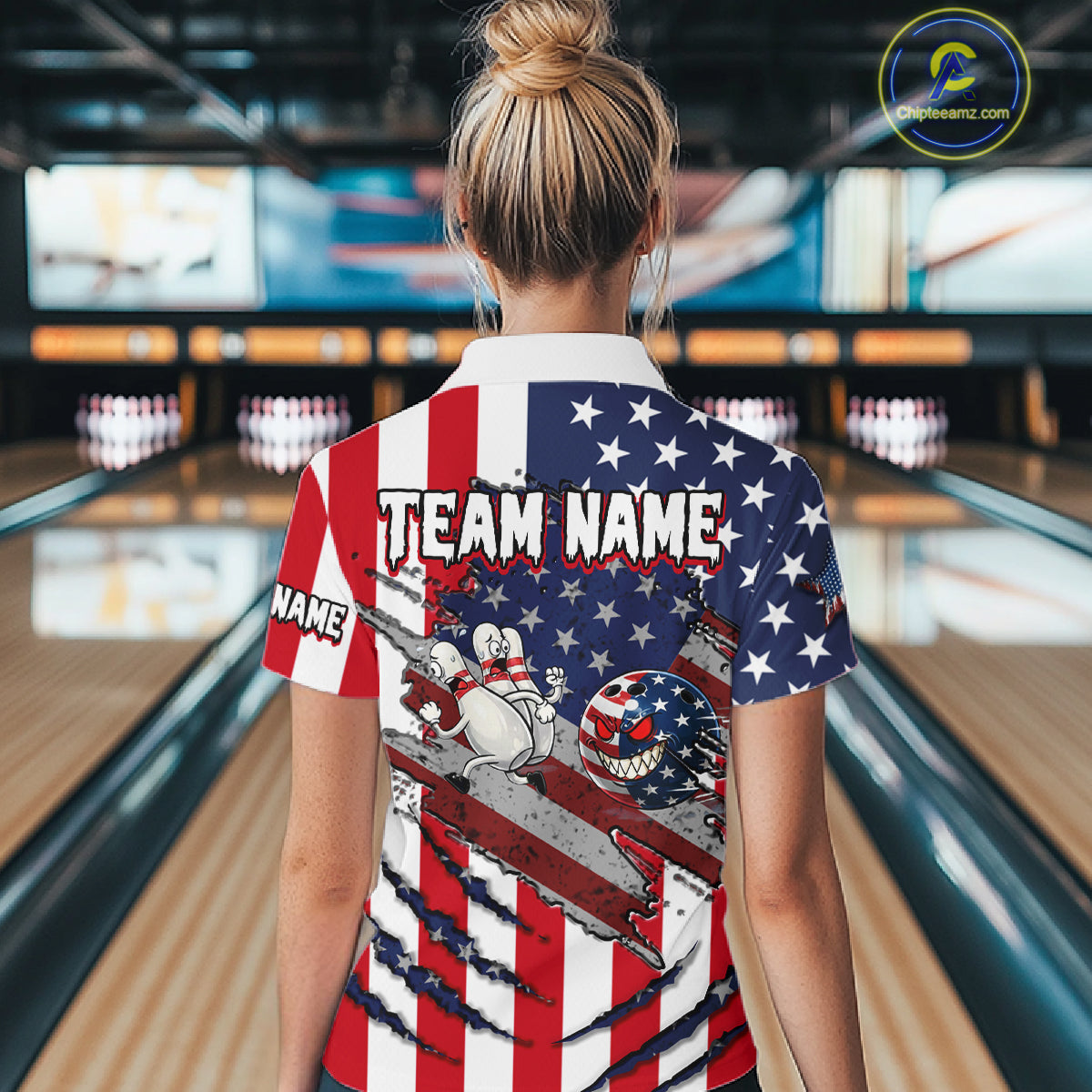 Custom American Flag Bowling Shirt Funny Blue Red White Bowling Jersey for Women Polo & Quarter-Zip QZT929