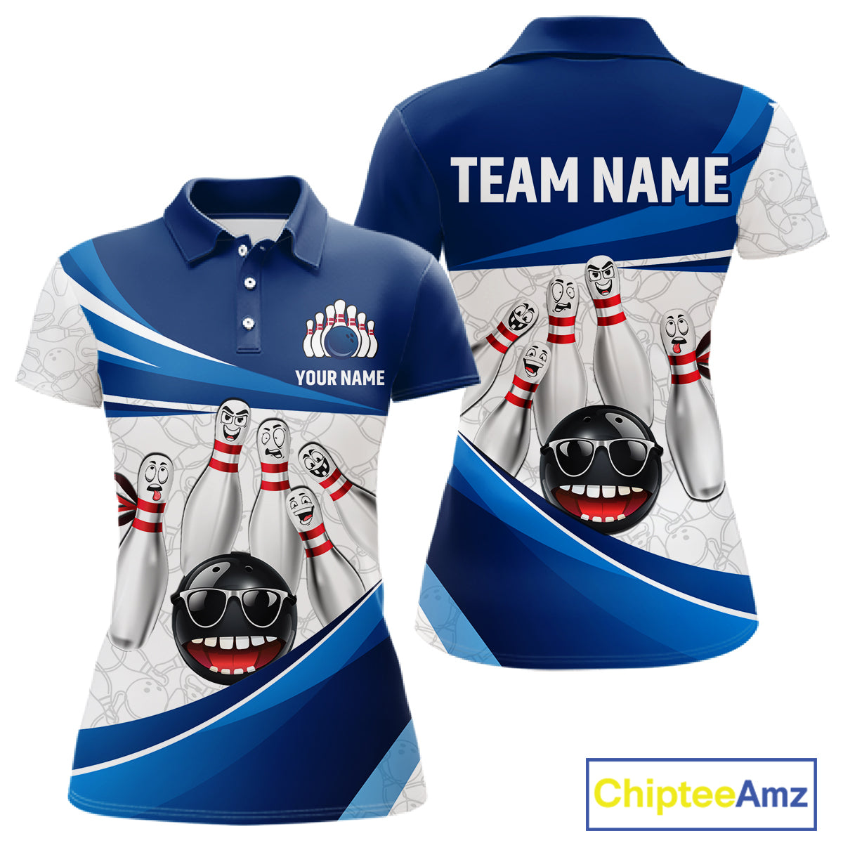 Blue Funny Bowling Shirt Custom Pattern Bowling Team Jersey Polo & 1/4-Zip Bowling Gift for Women QZT930