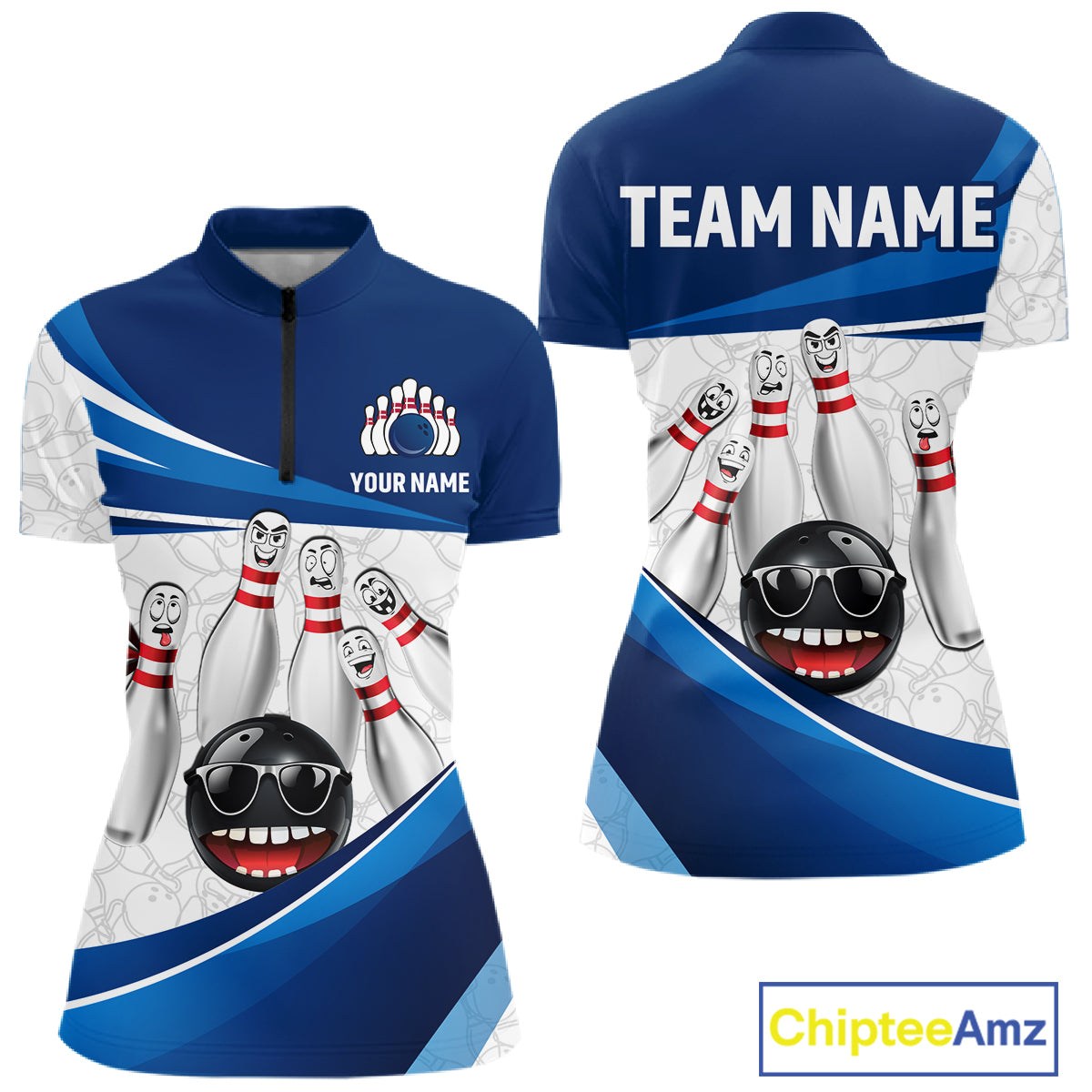 Blue Funny Bowling Shirt Custom Pattern Bowling Team Jersey Polo & 1/4-Zip Bowling Gift for Women QZT930