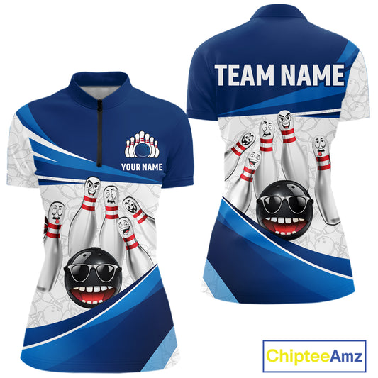 Blue Funny Bowling Shirt Custom Pattern Bowling Team Jersey Polo & 1/4-Zip Bowling Gift for Women QZT930