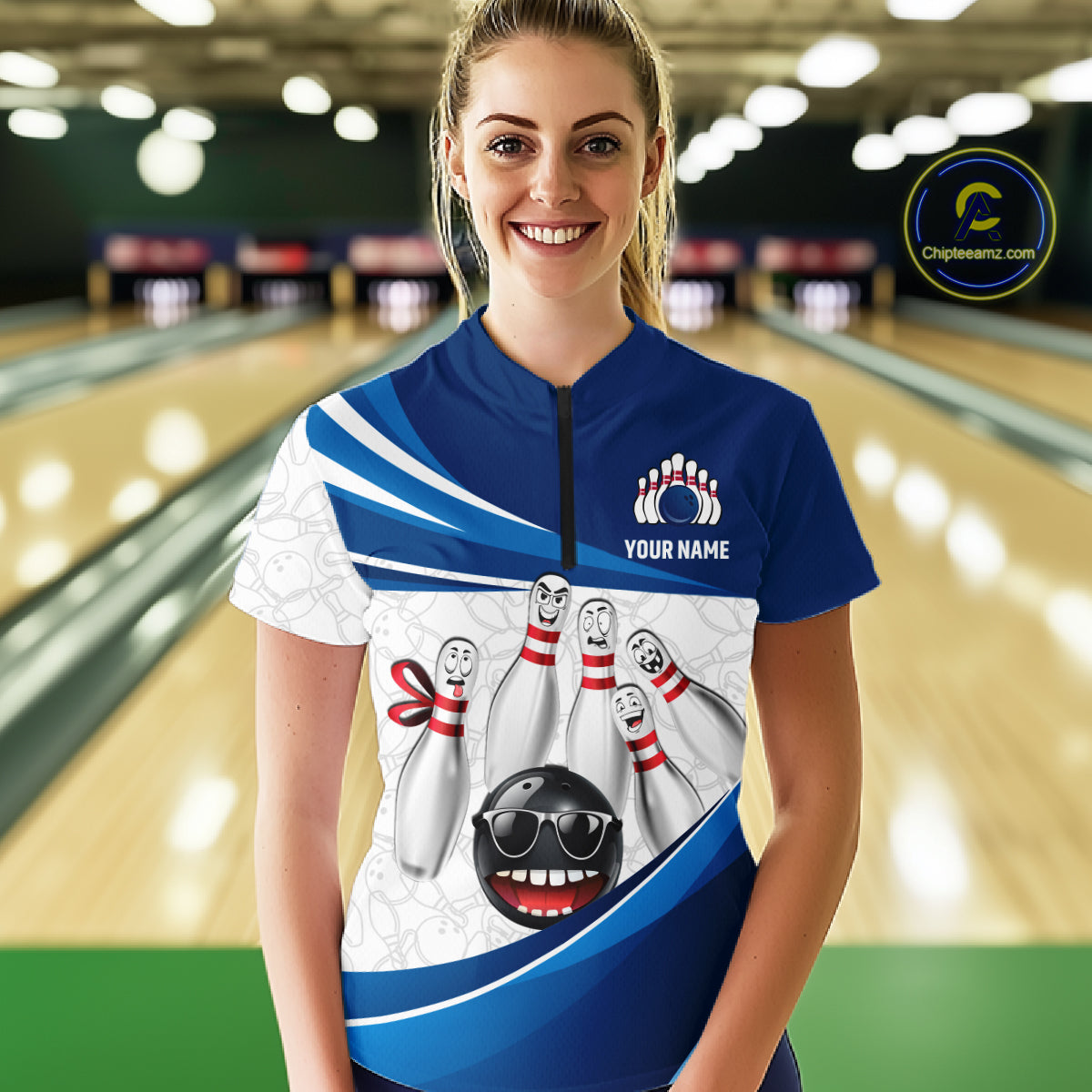 Blue Funny Bowling Shirt Custom Pattern Bowling Team Jersey Polo & 1/4-Zip Bowling Gift for Women QZT930