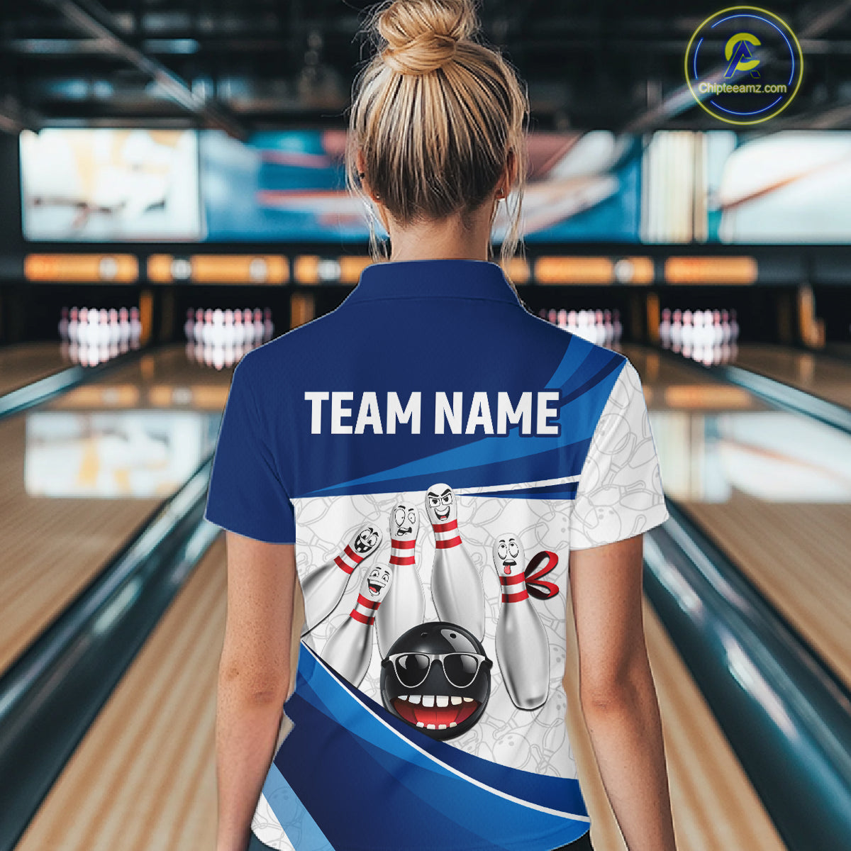 Blue Funny Bowling Shirt Custom Pattern Bowling Team Jersey Polo & 1/4-Zip Bowling Gift for Women QZT930