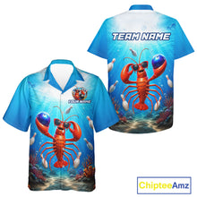 Load image into Gallery viewer, Blue shirt with a lobster design and customizable text on a white background
