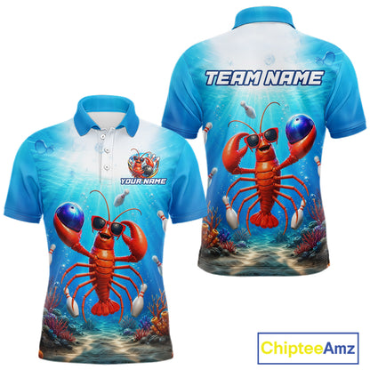 Polo shirt with a lobster design on a blue ocean background, featuring 'Chiptee Amz' branding.