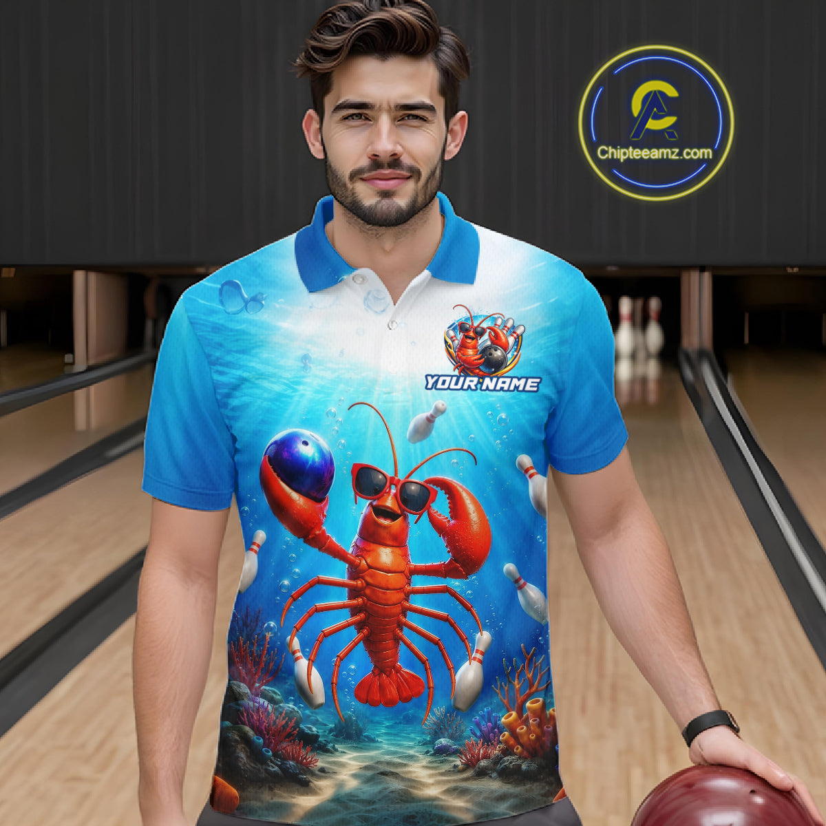 Man wearing a colorful polo shirt with a lobster design on a bowling alley.