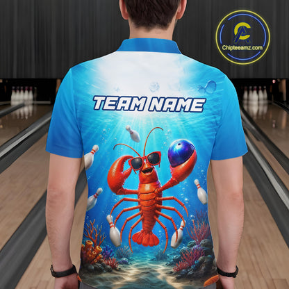 Person wearing a blue bowling shirt with a lobster design and 'TEAM NAME' text at a bowling alley.