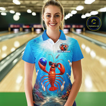 Load image into Gallery viewer, Person wearing a blue shirt with a lobster design in a bowling alley