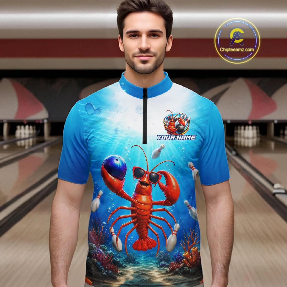 Man wearing a blue and red lobster-themed bowling shirt in a bowling alley.