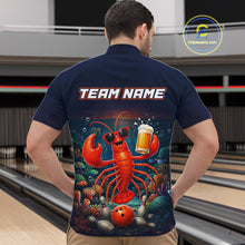 Load image into Gallery viewer, Man wearing a navy blue shirt with a colorful lobster design and 'TEAM NAME' text, standing in a bowling alley.
