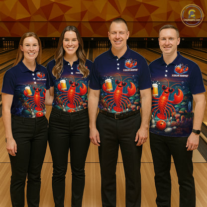 Four people wearing matching bowling shirts with lobster and beer graphics on a bowling alley.