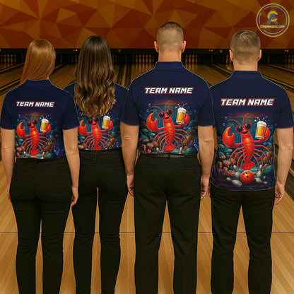 Four people wearing bowling shirts with a lobster design and 'Team Name' text on a bowling alley.