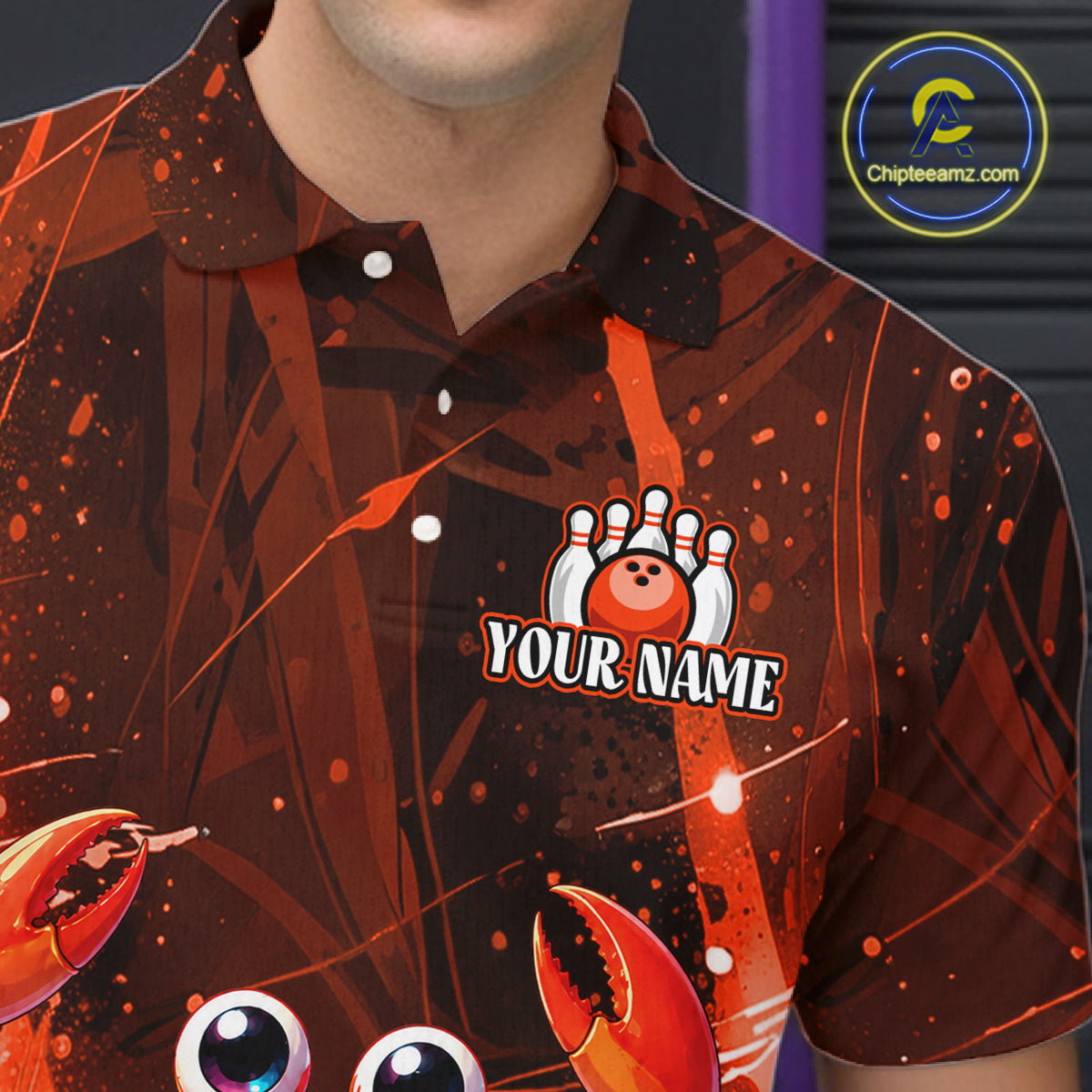 Person wearing a custom bowling-themed shirt with a logo and text overlay.