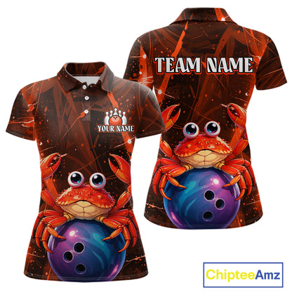 Polo shirt with a crab and bowling ball design, customizable with team name and player name, branded 'Chiptee Amz'.
