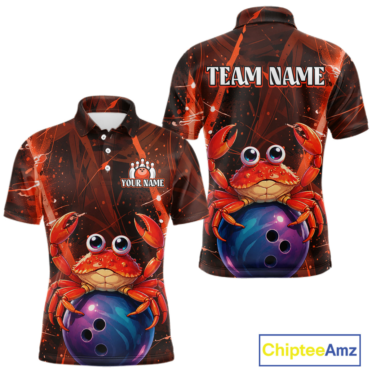 Polo shirt with a crab and bowling ball design, customizable with 'Your Name' and 'Team Name'.
