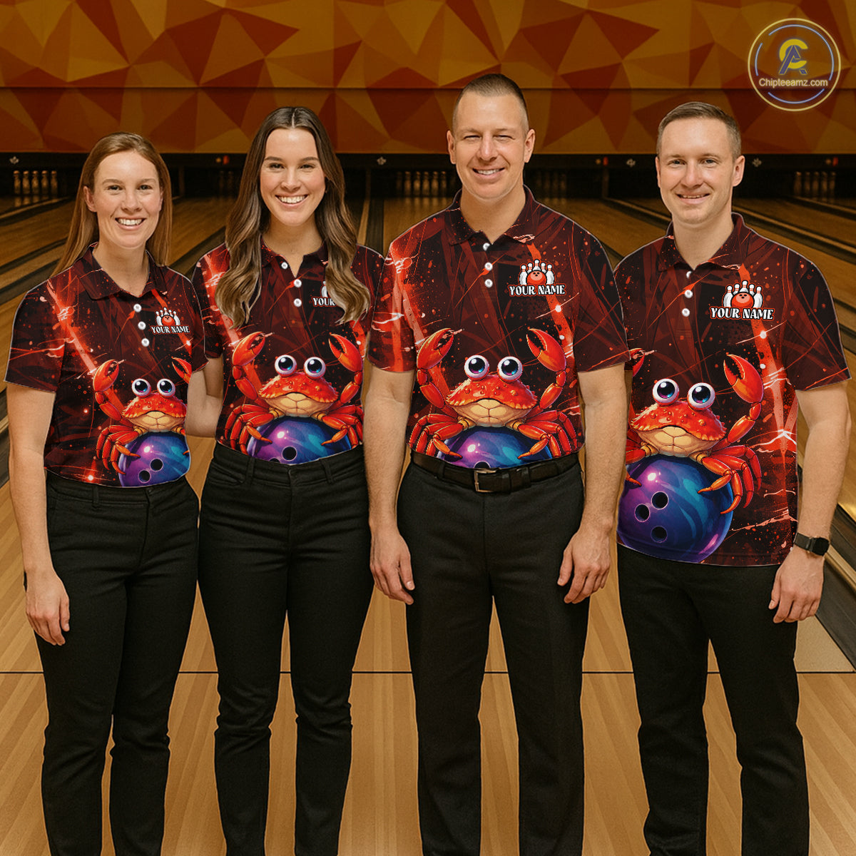 Four people wearing matching bowling shirts with a red crab design on a bowling alley.