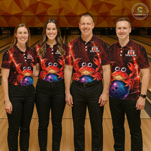 Load image into Gallery viewer, Four people wearing matching bowling shirts with a red crab design on a bowling alley.